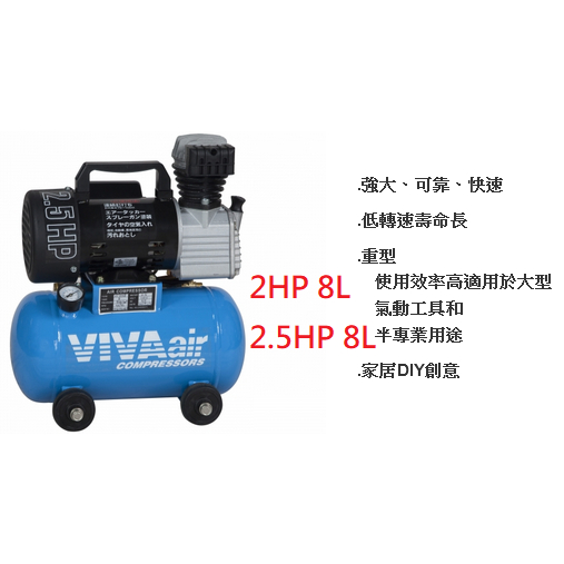 VIVA 威世牌 2HP 2.5HP 油式空壓機 8L 16L儲氣筒 有輪子好推 台灣製造 商品圖片 1