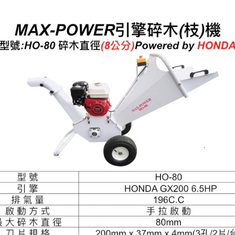 ELEMAX本田台灣經銷旗下品牌MAX POWER本田引擎式碎木機 碎枝機 HO-80 LC-80－引擎動力設備商品實體照片