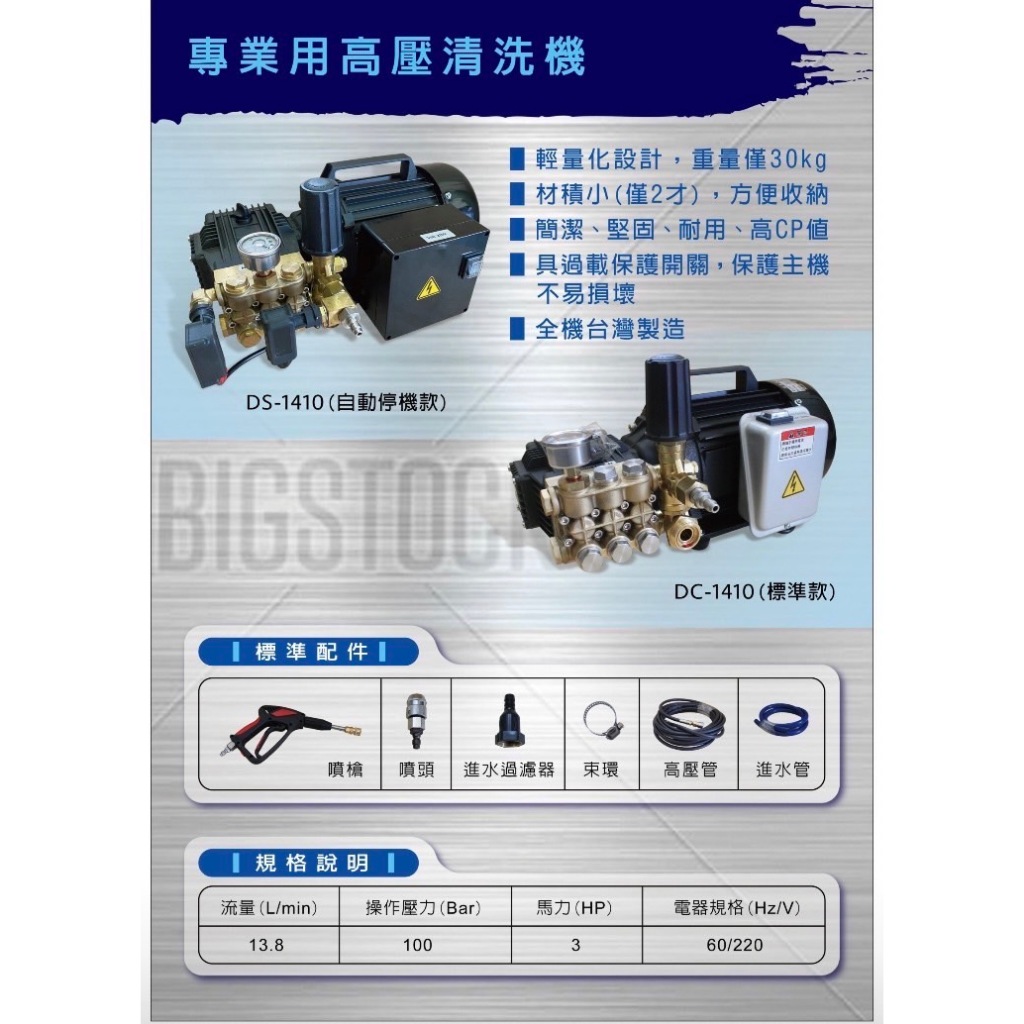 鑽石牌高壓清洗機 DS1410/DC1410全自動/半自動 3馬手提式洗車機 單相電220V 商品圖片 2