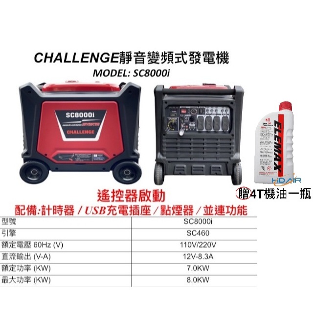 ELEMAX本田台灣經銷旗下品牌CHALLENGE變頻發電機SC8000I電啟動 同清水牌款GT-10000W型