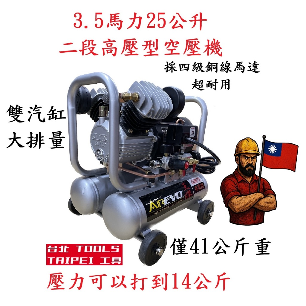 王者之風3.5HP 25L二段高壓14KG 雙氣缸 油式空壓機110V/220V雙電壓 打石木工噴漆汽修美容打蠟－空壓・氣動噴漆設備商品實體照片