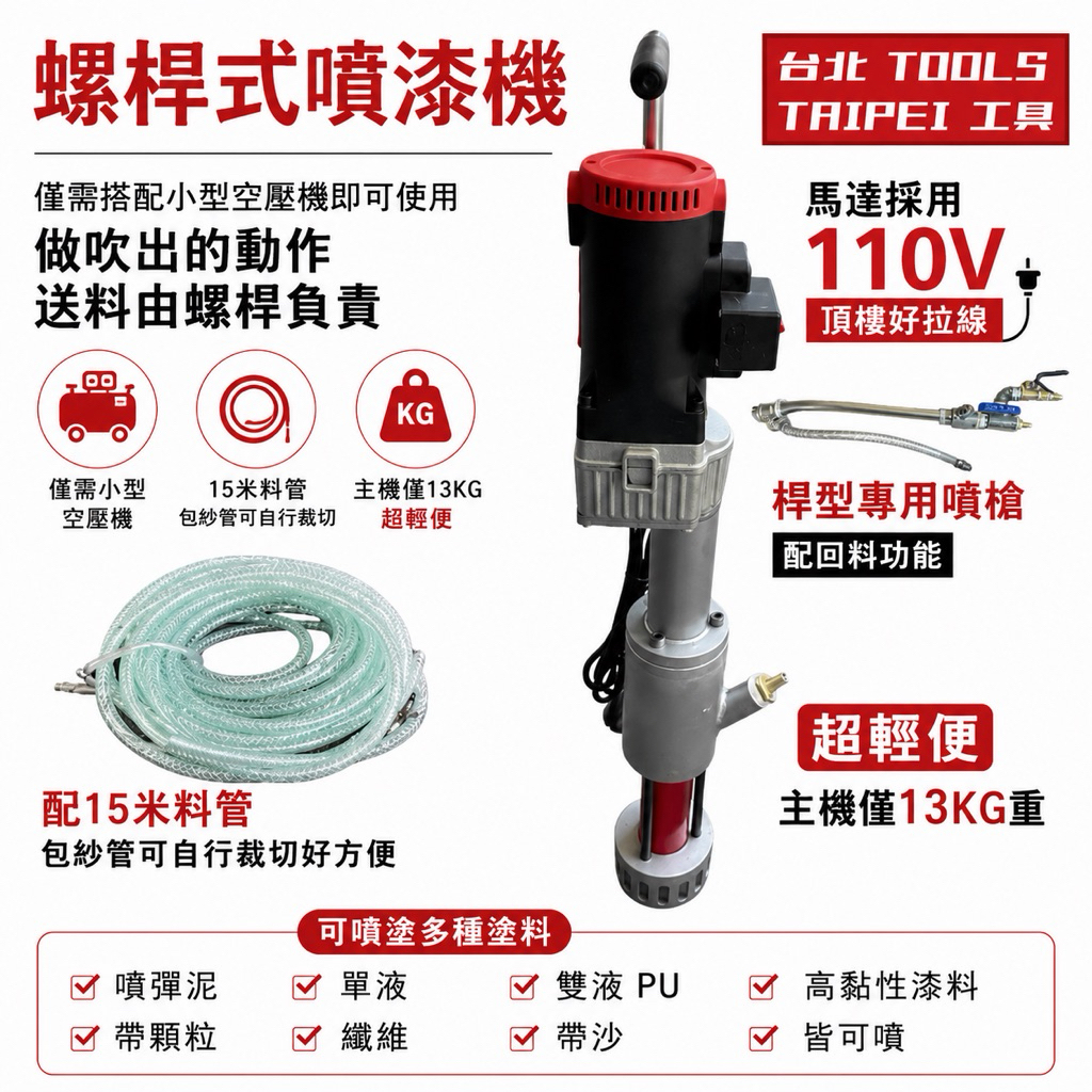 螺桿式噴漆機110V可噴彈泥 單液 雙液 PU 高黏性漆料 帶顆粒 纖維 帶沙 皆可噴－氣動噴槍／噴漆設備商品實體照片