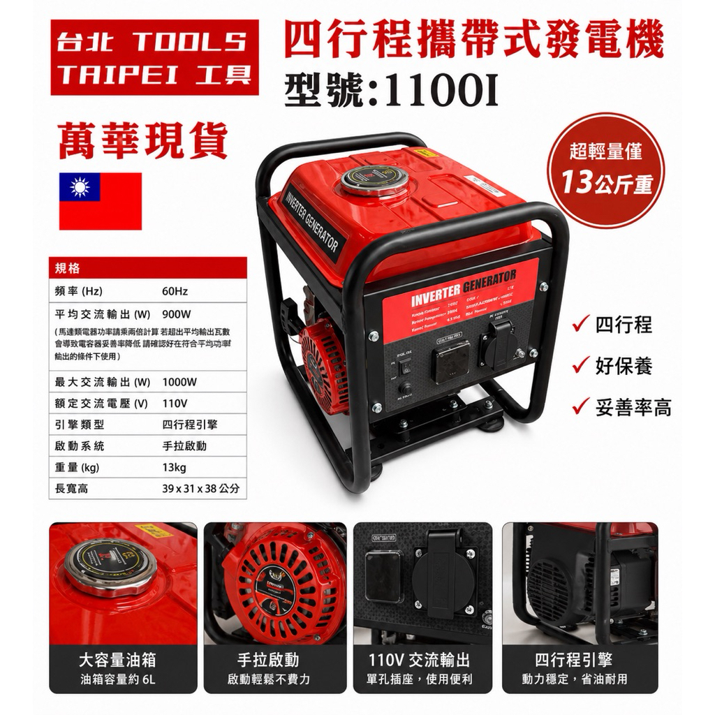 MAX-TOOL台北工具1100I四行程超輕量發電機110V四行程停電露營擺攤工程－發電機商品實體照片