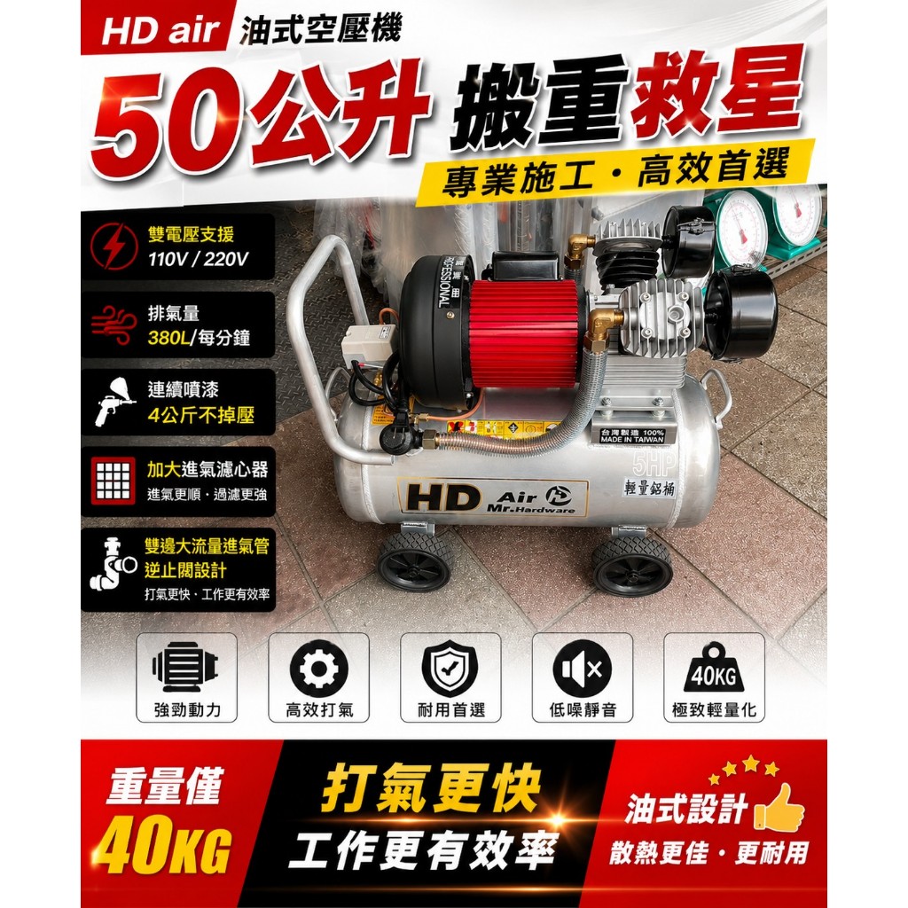 鋁合金儲氣桶 極致輕量 5馬空壓機 5HP 30L 50L 連續噴塗不掉壓全自動系列空壓機 噴漆用空壓機－空壓・氣動噴漆設備商品實體照片