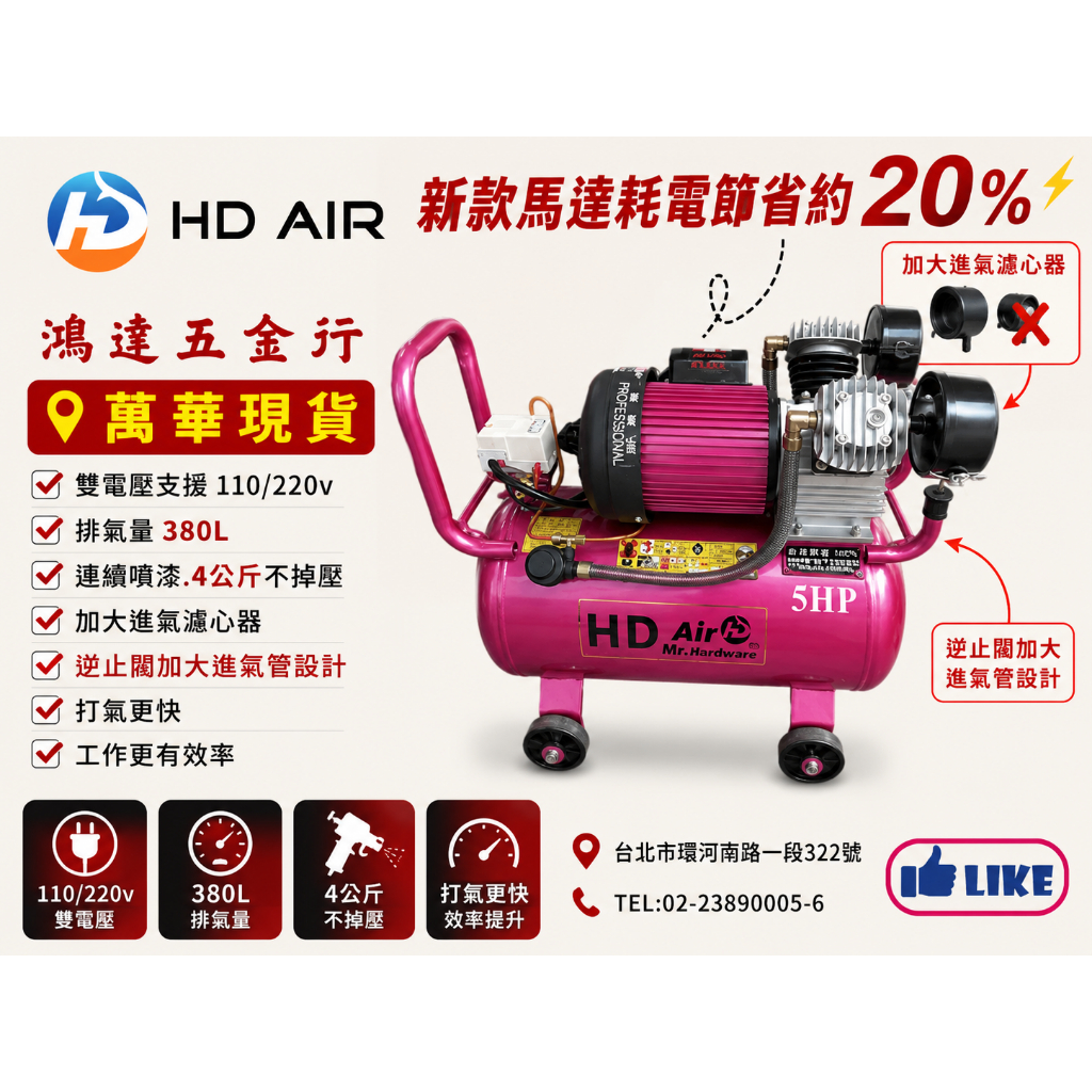 HD AIR總代理 強悍系 5馬力 5HP 30L 50L 機車可載 連續噴塗不掉壓全自動系列空壓機 噴漆用空壓機－空壓・氣動噴漆設備商品實體照片