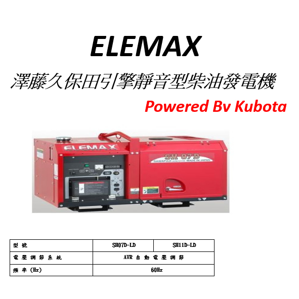 ELEMAX日本原裝發電機本田台灣經銷 澤藤 SH-07D-LD SH-11D-LD久保田引擎靜音型柴油發電機