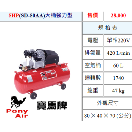 PONY寶馬牌 呂祥臺敏總代理5HP 60L(SD-50AA)大桶強力型 油式空壓機 木工噴漆汽修美容打蠟