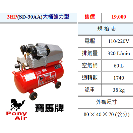 PONY寶馬牌 呂祥臺敏總代理3HP 60L(SD-30AA)中桶強力型 油式空壓機 木工噴漆汽修美容打蠟