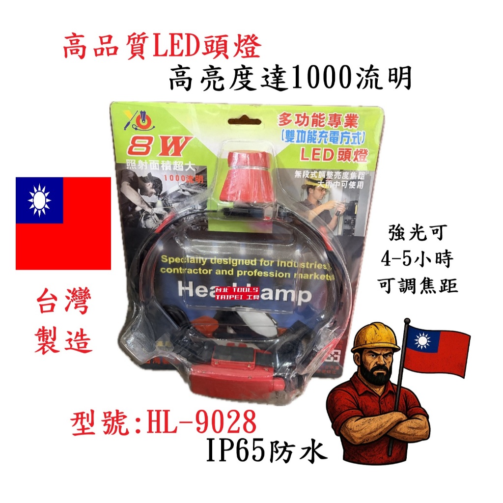 HL-9028高亮度1000流明工程專用LED頭燈8W 無段調光 防水防雨IP65 配鋰電池 非尚光